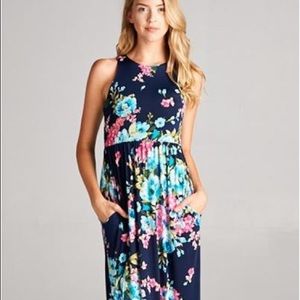 Navy Floral Razorback Dress w/Pockets